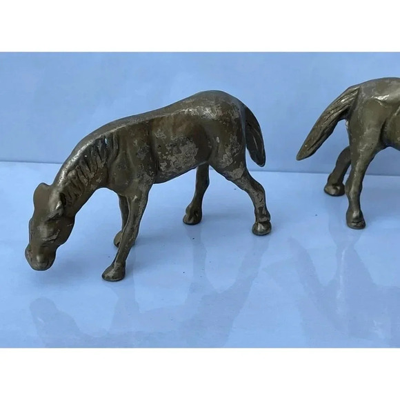 Vintage 2 Solid Brass Equestrian Horse Pair Grazing Figurines Statue Home Decor - Picture 6 of 10